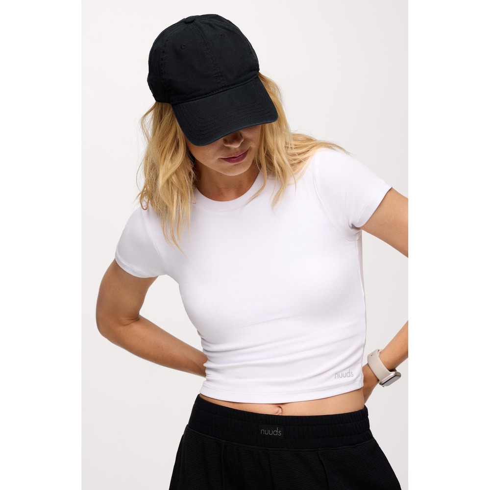 Nuuds White Ribbed Baby Tee Short Sleeve Cropped Crew Neck T-Shirt built in bra